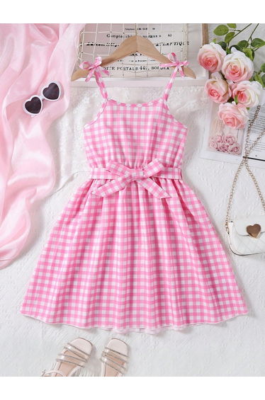 Girls Pink Gingham Strappy Dress