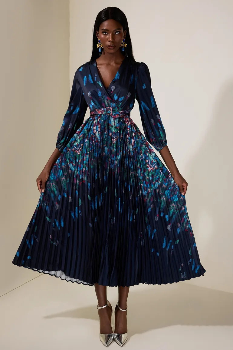 Satin Butterfly Pleated Maxi Dress With Belt JardinVue : Evening Dresses :  VogaCloset Libya