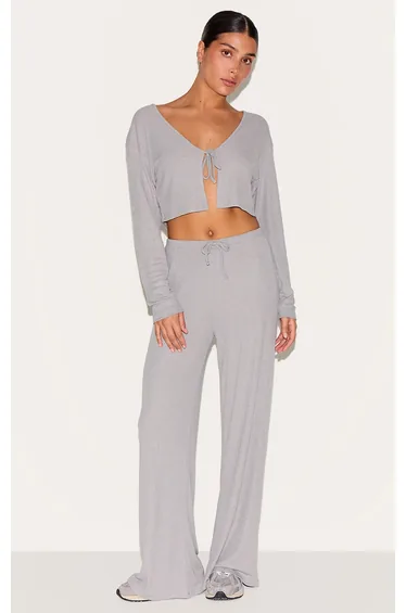 Petite Ash Grey Soft Ribbed Tie Front Top