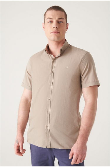 Men's Mink Button Collar 100% Cotton Slim Short Sleeve Standard Fit Regular Cut Shirt
