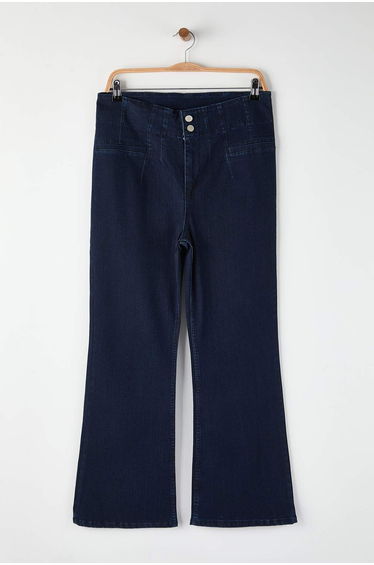 Dark Blue High Waist Stitching Detail Spanish Leg Plus Size Flare Fit Jeans