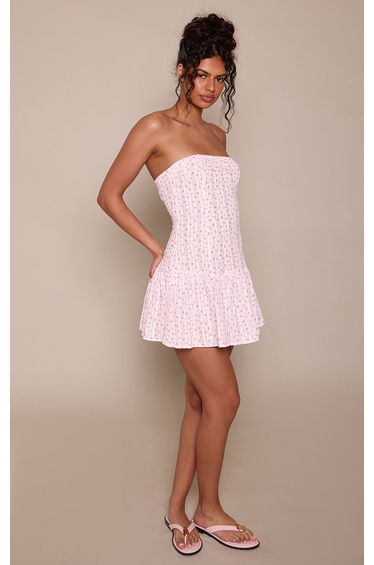 Baby Pink Ditsy Floral Bandeau Frill Hem Shift Dress