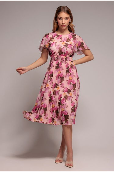 Goddiva Flutter Sleeve Pleated Skirt Floral Midi Dress