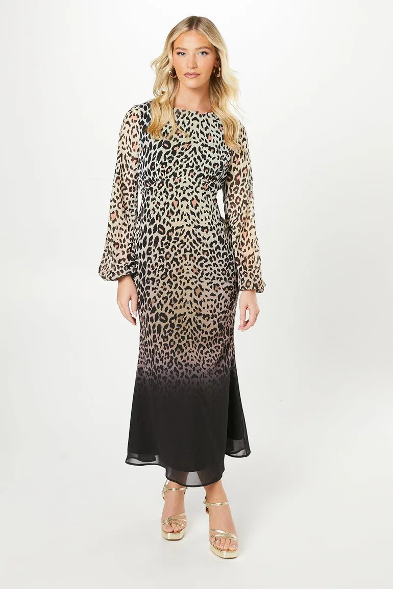Debut London By Coast Animal Print Blouson Sleeve Georgette Midi Dress - multi