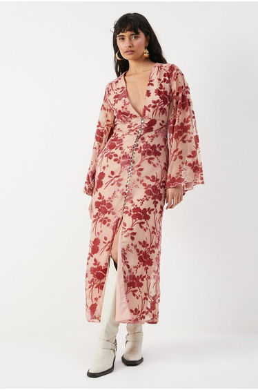 Devore Plunge Neck Flared Sleeve Button Through Midaxi Dress