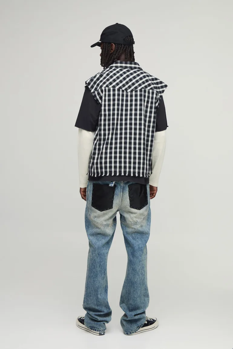 Oversized Boxy Sleeveless Applique Check Shirt - black - 1