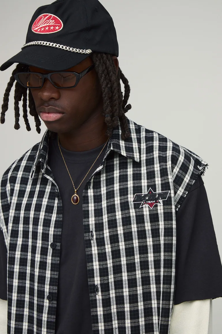 Oversized Boxy Sleeveless Applique Check Shirt - black