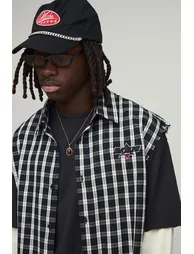 Oversized Boxy Sleeveless Applique Check Shirt - black