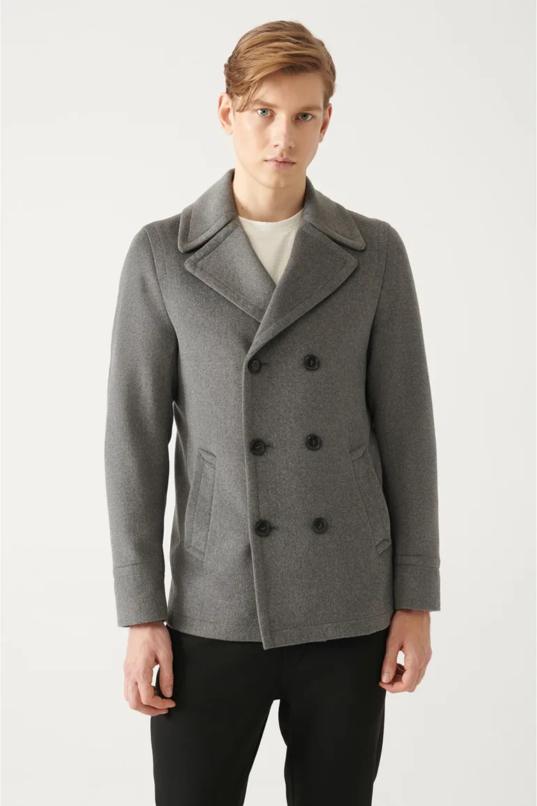 Men's Anthracite Double Breasted Collar Woolen Cachet Comfort Fit Relaxed Cut Coat - 2