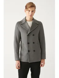 Men's Anthracite Double Breasted Collar Woolen Cachet Comfort Fit Relaxed Cut Coat - 2