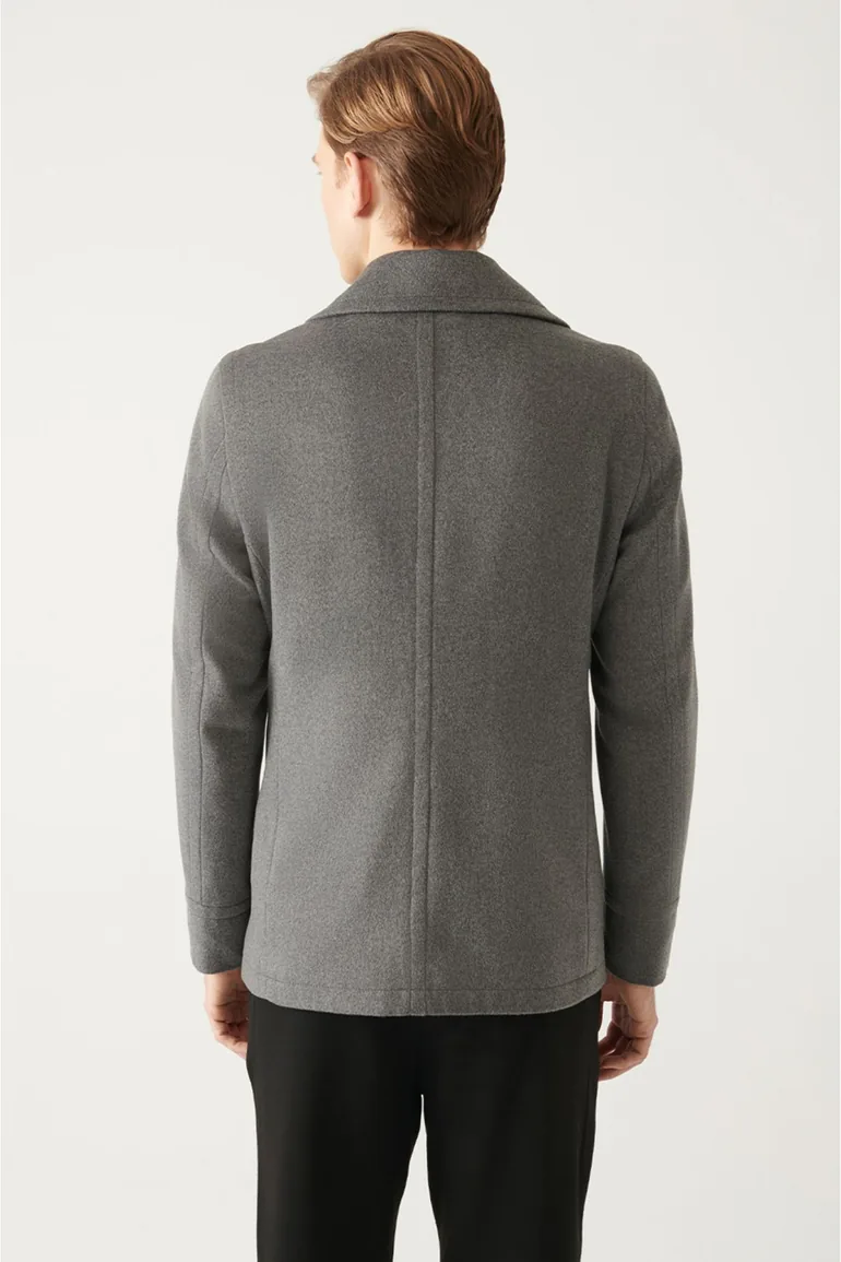 Men's Anthracite Double Breasted Collar Woolen Cachet Comfort Fit Relaxed Cut Coat - 5