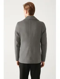 Men's Anthracite Double Breasted Collar Woolen Cachet Comfort Fit Relaxed Cut Coat - 5