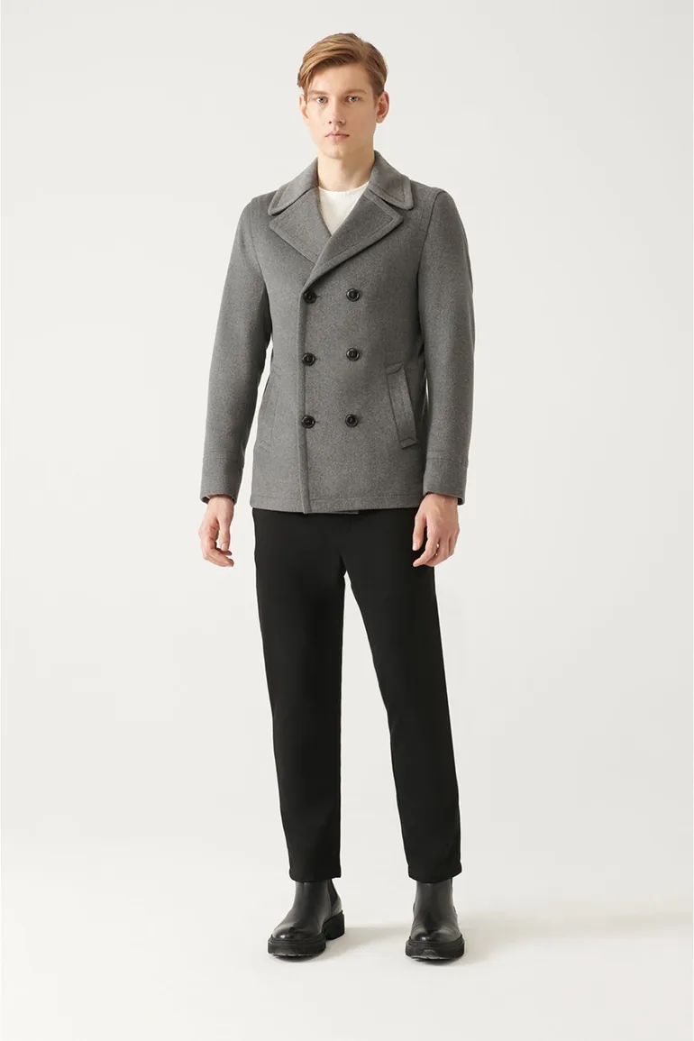 Men's Anthracite Double Breasted Collar Woolen Cachet Comfort Fit Relaxed Cut Coat - 1