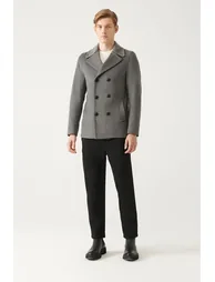 Men's Anthracite Double Breasted Collar Woolen Cachet Comfort Fit Relaxed Cut Coat - 1