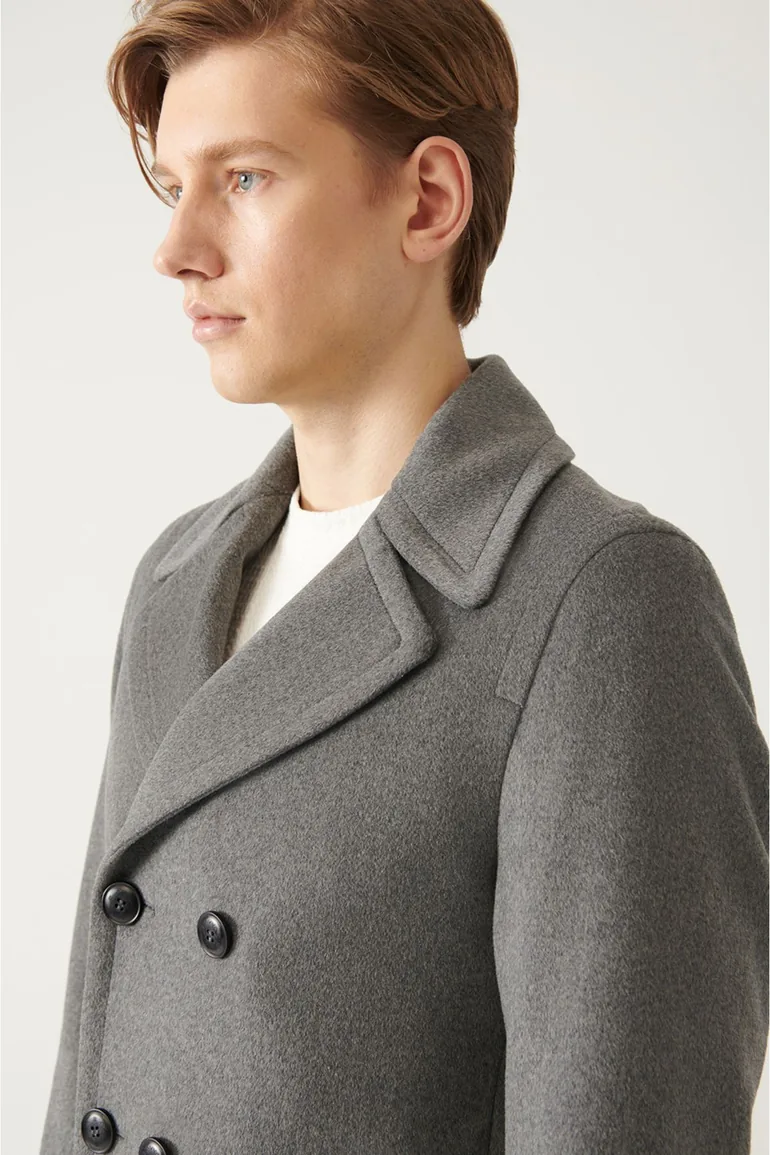 Men's Anthracite Double Breasted Collar Woolen Cachet Comfort Fit Relaxed Cut Coat - 4