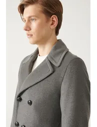 Men's Anthracite Double Breasted Collar Woolen Cachet Comfort Fit Relaxed Cut Coat - 4