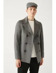 Men's Anthracite Double Breasted Collar Woolen Cachet Comfort Fit Relaxed Cut Coat