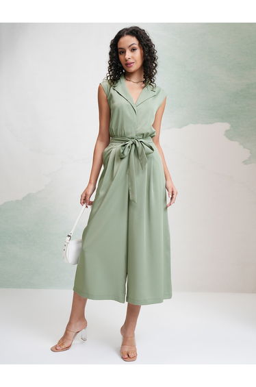 Solid Waist Tie Up Culotte Leg Jumpsuit