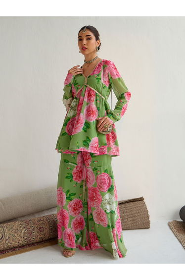 Floral Printed Peplum Top and Flared Sharara Co-Ords