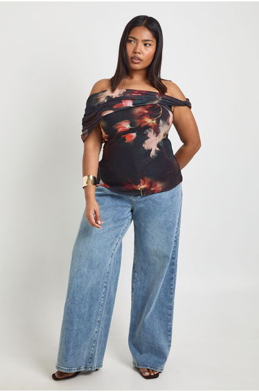 Plus Printed Asymmetric Ruched Top - black