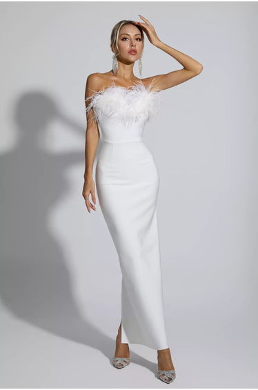 Naomi White Feather Tassel Maxi Dress