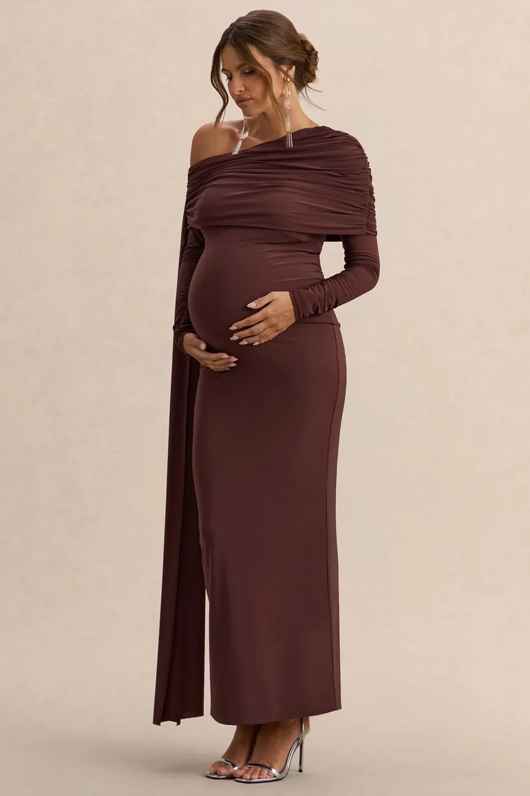 Cyra | Brown Bardot-Neck Maxi Dress With Sash - 3