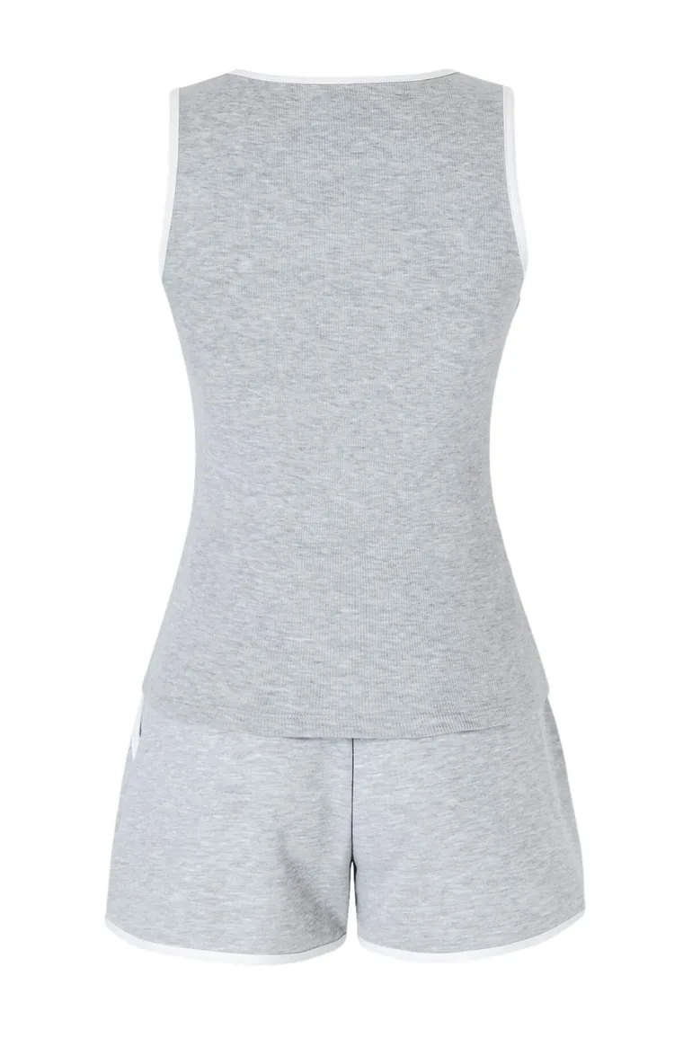 Gray Melange Color Block Fitted/Fitted Pocketed Ribbed Stretchy Knitted Top and Bottom Set - 5