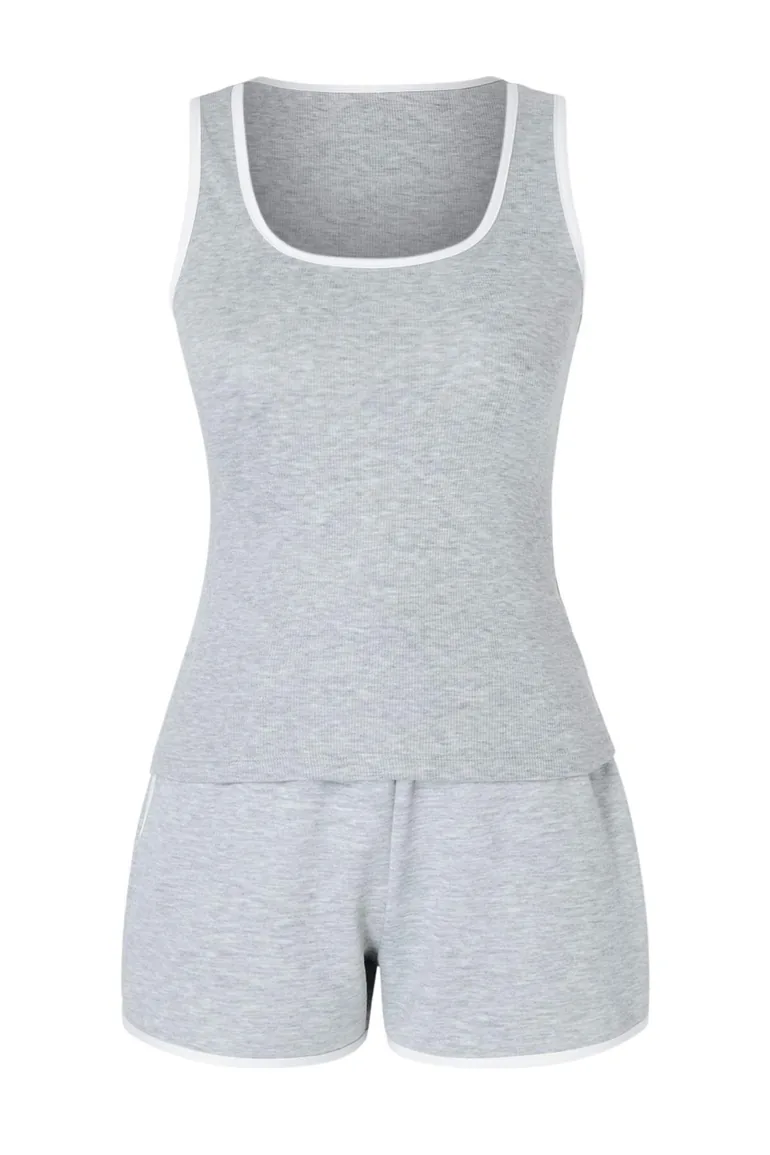 Gray Melange Color Block Fitted/Fitted Pocketed Ribbed Stretchy Knitted Top and Bottom Set - 4