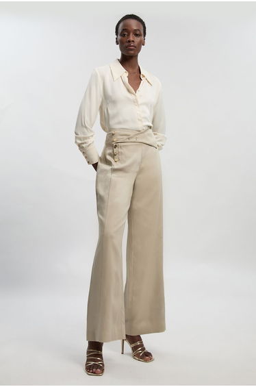 Tailored Linen Button Front Wide Leg Trouser