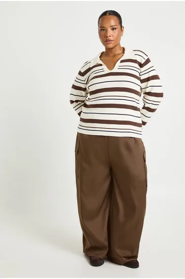 بنطلون منفوخ بخصر إيلاستيك لون بني - للمقاسات الكبيرة