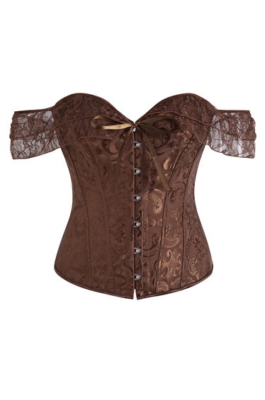 Off Shoulder Lace-Trim Jacquard Corset Top in Brown