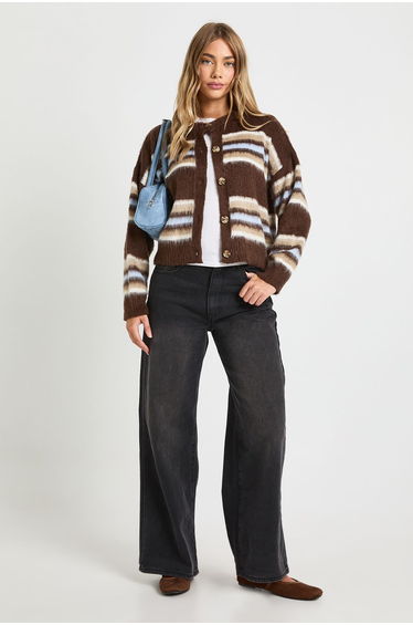 High Neck Super Soft Stripe Knitted Cardigan - chocolate