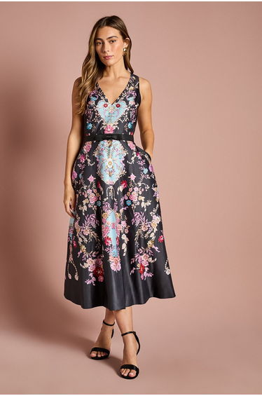 V Neck Placement Print Full Skirted Midi Dress
