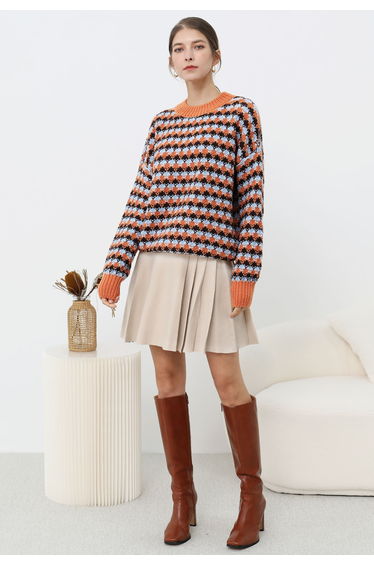 Side Pleats Knit Mini Skirt in Light Tan