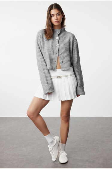 Dark Gray Crop Soft Textured Stand Collar Knitwear Cardigan