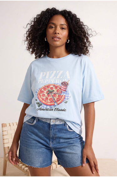 Mavi Pizza Printed Loose Fit Knitted Oversize T-Shirt
