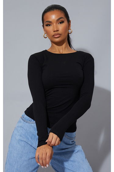 Black Cotton Crew Neck Long Sleeve Top