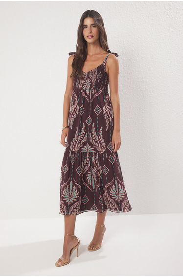 Brown Shawl Pattern Skirt Waist Opening Gipel Midaxi Woven Dress