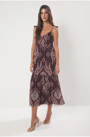 فستان ميداكسي بخصر بفتحات لون بني