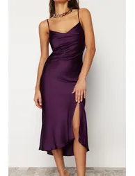 Purple Lined Woven Satin Evening Dress - 3