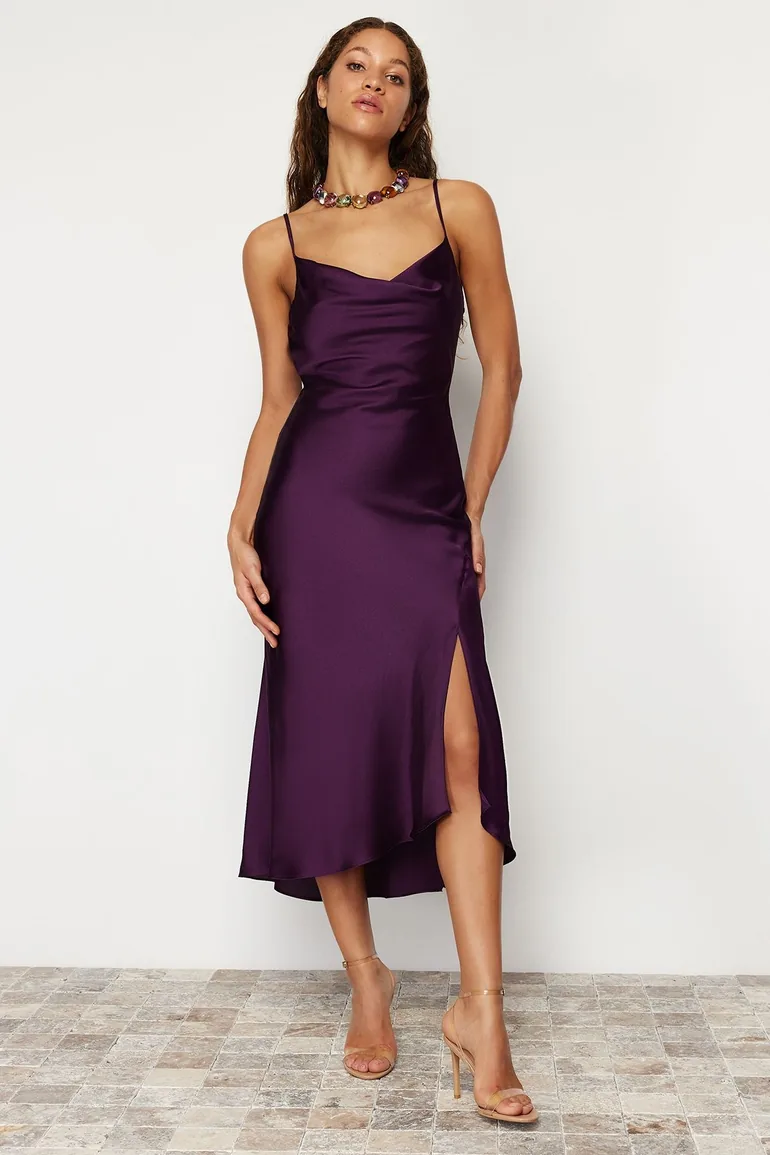 Purple Lined Woven Satin Evening Dress - 1