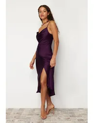 Purple Lined Woven Satin Evening Dress