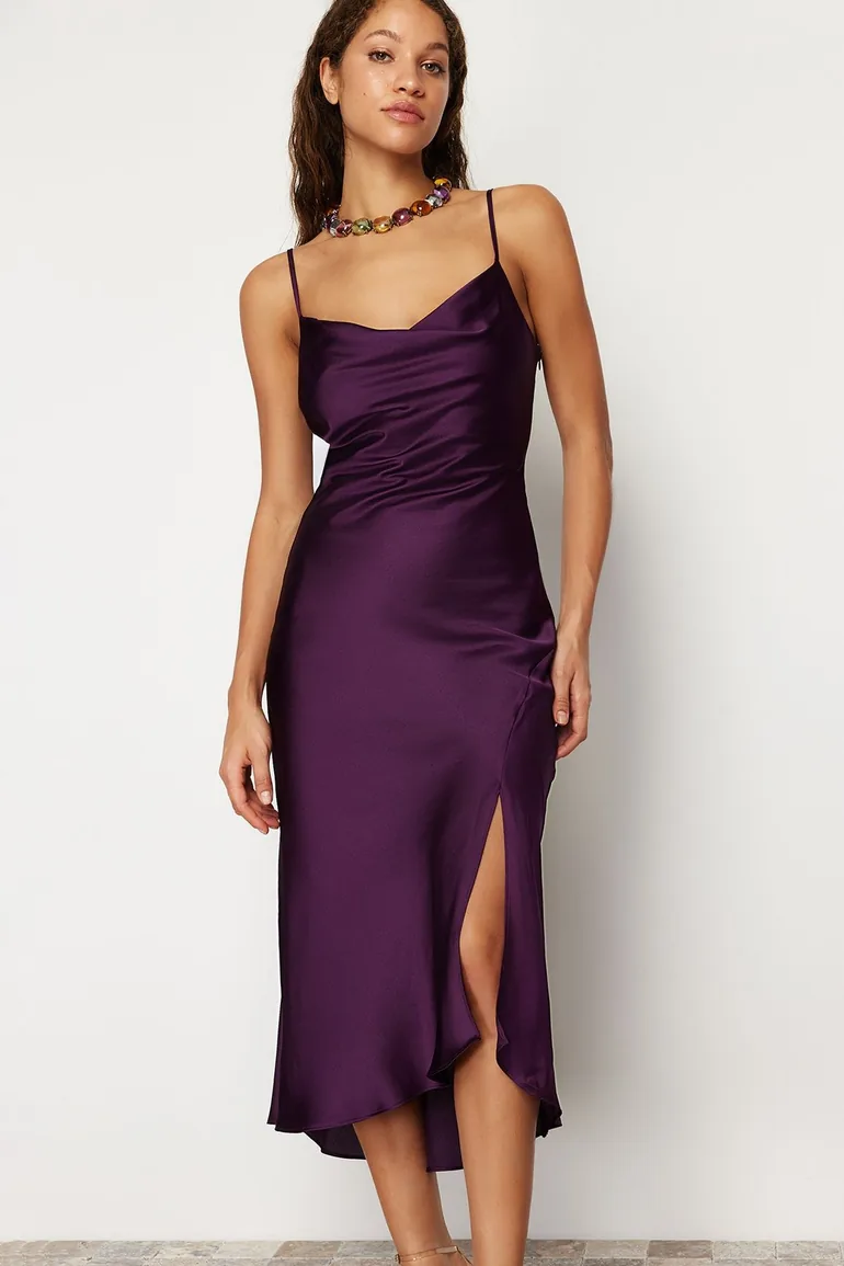 Purple Lined Woven Satin Evening Dress - 2