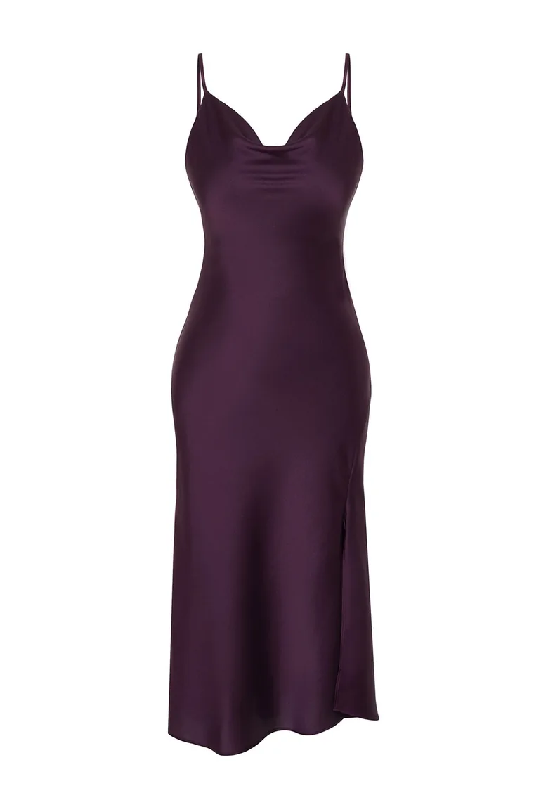 Purple Lined Woven Satin Evening Dress - 6