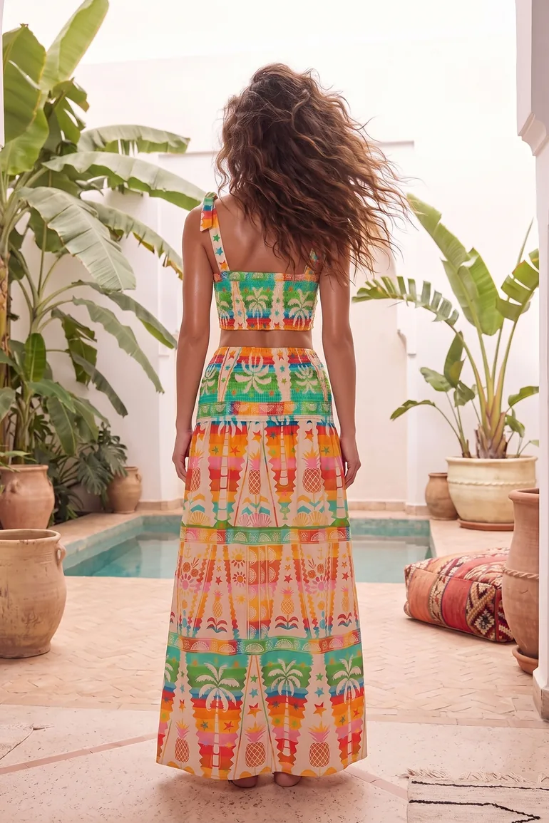 Tropical Patterned Woven Maxi 100% Cotton Beach Blouse Skirt Set - 2
