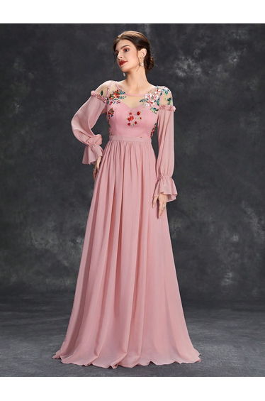Leely Women's Elegant Illusion Neckline Bishop Sleeves A-Line Dress