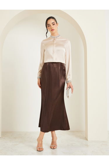Brown Satin A-Line Maxi Skirt