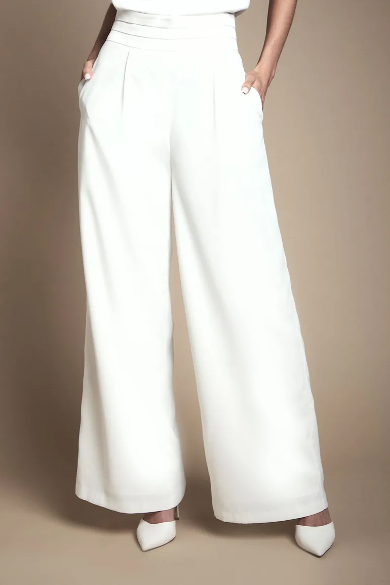 بنطلون بأرجل عريضة بخصر عالي بحواف دانتيل - 1