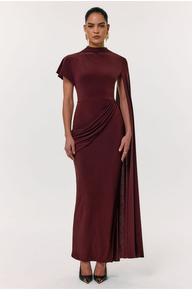 Tropic | Brown High-Neck Maxi With Long Cape Sleeve