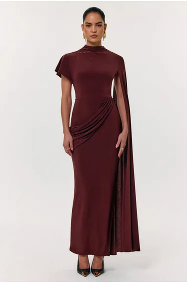 فستان ماكسي طويل بأكمام كاب بياقة عالية - بني